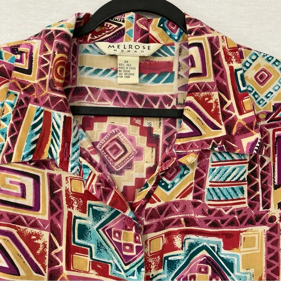 Vintage Melrose Abstract Print Geometric 100% Silk Short Sleeve Button Down 2X - Picture 3 of 9
